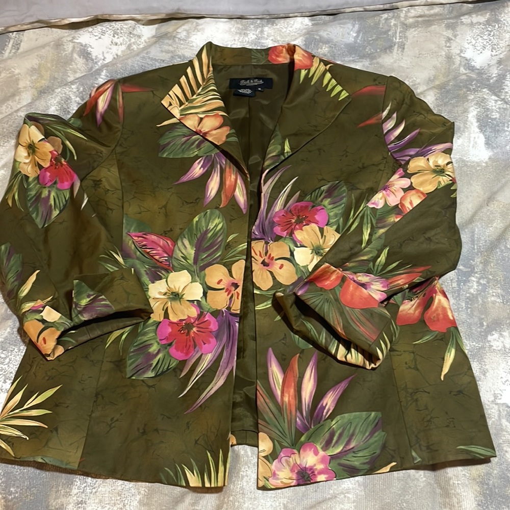 Peck & Peck Collection Women’s SZ 14 Floral Olive Open Front Silk Blend Blazer - Picture 11 of 13